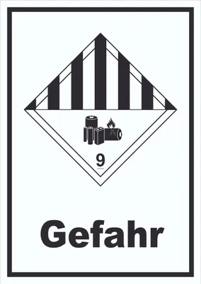 Produktbild von Schild Achtung Lithiumbatterien Gefahr Gefahrgutklasse 9a hochkant A2 Rückseite selbstklebend