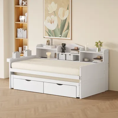 Produktbild von STILVORA Schlafsofa 90x200/190cm Tagesbett mit Ausziehbett,Jugendbett mit USB-Steckdose und zwei Schubladen,großem Staufach,Weiß (Ohne Matratze)