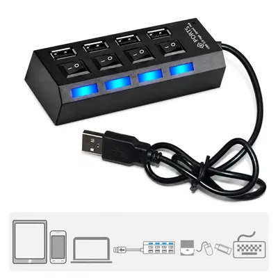 Produktbild von C18C USB Hub 4 Port mit Einzelnen LED EIN- / Ausschalter Extender 40cm Kabel für PC Laptop Notebook