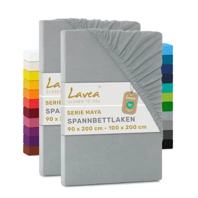 Produktbild von Lavea® 2er Pack Jersey Spannbettlaken 90/100x200 cm, 100% Baumwolle – Weiches Bettlaken für Matratzen bis 20 cm Höhe – Silber