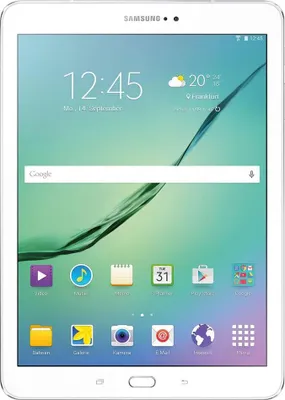 A Samsung Galaxy Tab S2 tablet is displayed front-on, showing its screen with various app icons and widgets.