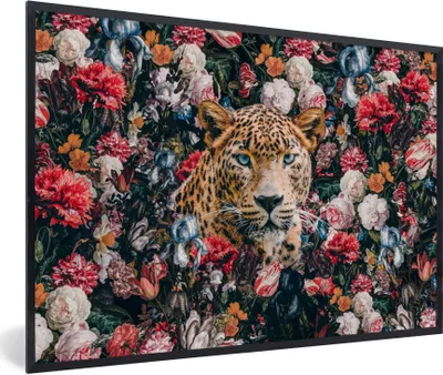 Produktbild von MuchoWow® Gerahmtes Poster Leopard - Blumen - Tiere 90x60 cm - Poster mit Schwarzem Bilderrahmen Wandposter Rahmen Foto Bilder - Fotorahmen - Foto-Plakat