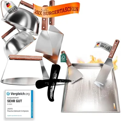Image de Plaque de cuisson en acier inoxydable pour plancha, dimensions 40x40 cm, avec kit "Burger Master"