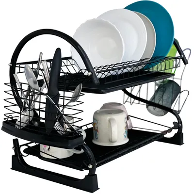 A black two-tier dish drying rack filled with plates, bowls, cups, and cutlery.