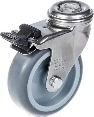 Produktbild von 75 mm (3") Edelstahlrolle mit grauer Gummilauffläche, lenkbar mit Feststeller, 60 kg