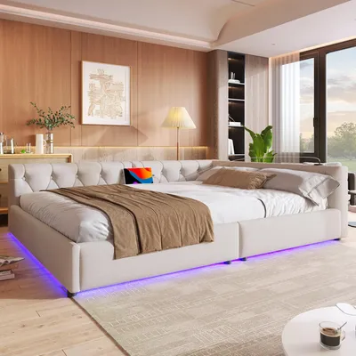Produktbild von okwish Schlafsofa, Tagesbett, Daybett, 140x200cm,Schlafsofa mit Lattenrost , Ambientebeleuchtung mit Fernbedienung, Kopfteil mit Knopftuft, Usb+Typ-c, Leinen, Beige,ohne Matratze