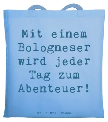 Produktbild von Mr. & Mrs. Panda Schultasche Spruch Bologneser Abenteuer - Sky Blue - Geschenk, Hunderasse, Hundeliebe, Einkaufstasche, Tasche, Hunderassen Eigenschaften, Tote Bag, Hunde