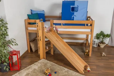 Produktbild von Hochbett mit Rutsche, Massivholz Buche natur, Liegefläche 90x200 cm, Höhe 113 cm