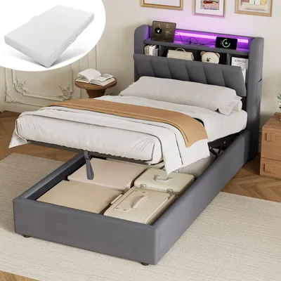 Obrázek produktu pro STILVORA čalouněná postel 90x200 cm s matrací Postel pro mládež s úložným prostorem a LED osvětlením Postel s úložným prostorem, zaoblenými hranami a zásuvkami