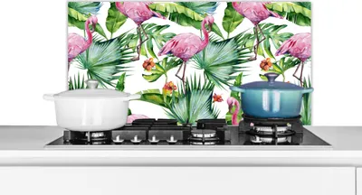 Produktbild von KitchenYeah®  Spritzschutz Küche - Küchenrückwand - Wandschutz für Herd und Spüle - Blätter - Flamingo - Blumen - Dschungel 90x45 - Alu-Dibond (Alternative zum Spritzschutz aus Glas) - Hitzebeständig