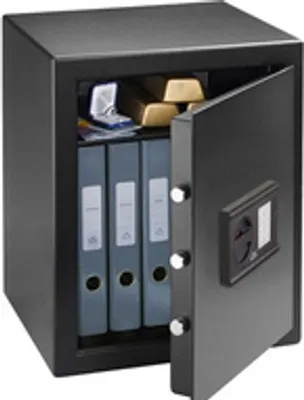 An open safe containing gold bars, binders, and a small box.