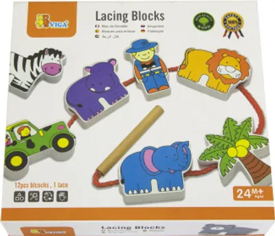Obrázek produktu pro VIGA Dřevěná navlékačka proplétačka šněrovanka kostky Safari ZOO Montessori