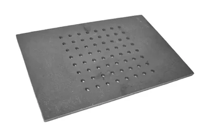 A square metal grate with many small holes is shown from a slightly elevated angle against a white background.