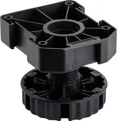 A black adjustable furniture foot is shown against a white background.