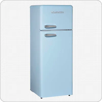 A light blue retro-style refrigerator with a freezer compartment on top.