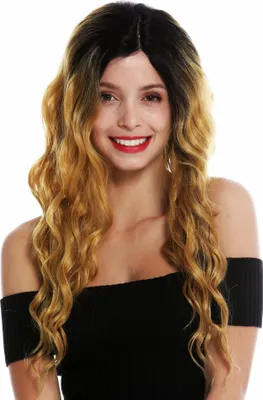 Produktbild von WIG ME UP Perücke Monofilament Lace-Front Scheitel lang Locken Ombre Schwarz Blond VK-14-MF-967YS1B