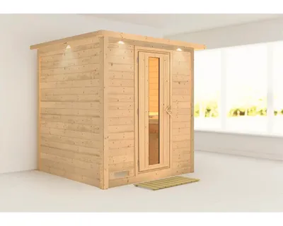 Produktbild von Massivholzsauna Karibu Wojave ohne Ofen mit Dachkranz und Holztüre mit Isolierglas wärmegedämmt