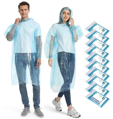 Immagine prodotto di Omgoods - Impermeabile per pioggia - Poncho trasparente - Cappuccio con cordoncino - Polsini elasticizzati - Leggero - Confezione da 10 pezzi - Mantello impermeabile