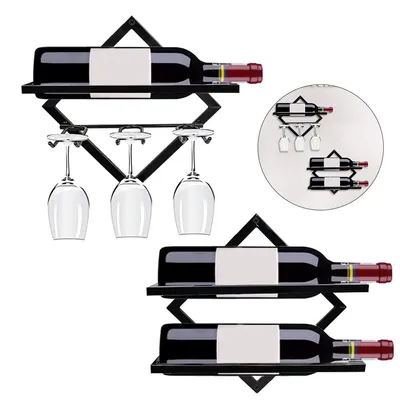 Produktbild von Faltbarer Weinflaschenhalter Wand, Metall 2-in-1 Weinregal mit Weinglashalter, Küchen-Bar Aufbewahrung, Flaschenhalter schwarz