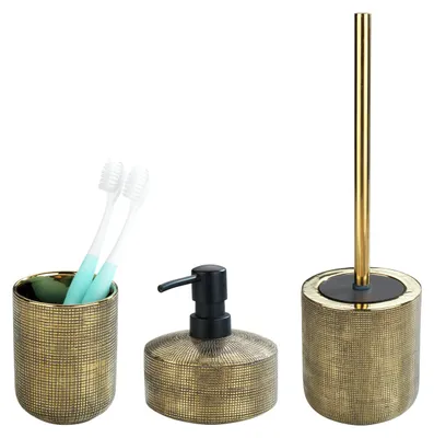 Produktbild von WENKO 3er Set Keramik Bad Accessoires Rivara Garnitur Seifen Spender Zahn Becher