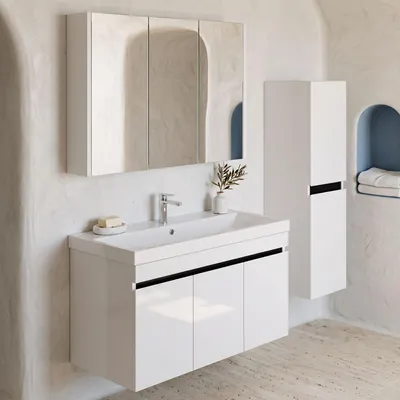 Produktbild von Badmöbel Set Weiß Venus | Waschtisch mit Unterschrank | Spiegelschrank | Keramik 100 mit Einbauwaschbecken