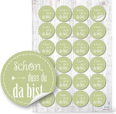 Produktbild von 24 runde Aufkleber SCHÖN DASS DU DA BIST pistazie weiß grün hellgrün lindgrün maigrün 4 cm Etiketten Hochzeit Taufe Kommunion Geburtstag Gastgeschenke give-away Deko Geschenke Verpackung48 Aufkleber / 2 Bögen