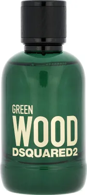 A studio shot of a green glass perfume bottle with a black cap.
