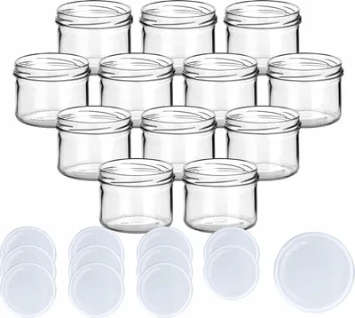 Immagine prodotto di set di 12 barattoli da conserva 230 ml rotondi con coperchio a vite bianco - barattoli da conserva con tappo a vite TO82 - barattolo per marmellata, barattolo con tappo a vite