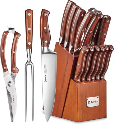 Produktbild von Messerblock Messerset 16-TLG Messer mit Holzgriff Edelstahl Kochmesser Set Profi Küchenmesser mit Wetzstahl Küchenutensilien Holzblock