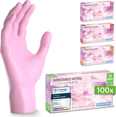 Produktbild von ARNOMED Nitril Handschuhe in Blossom Rosa, Größe M, Einmalhandschuhe | Box (100 Stück)