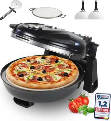A pizza oven with a pizza inside, along with accessories and a rating badge.