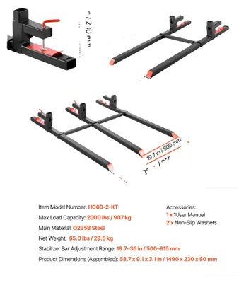 Produktbild von Palettengabeln, 2000 lbs Tragfähigkeit, verstellbare Stabilisatorstange, 60inch 2000lbs