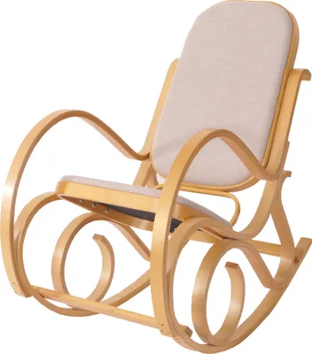 A wooden rocking chair with beige upholstery, shown against a white background.