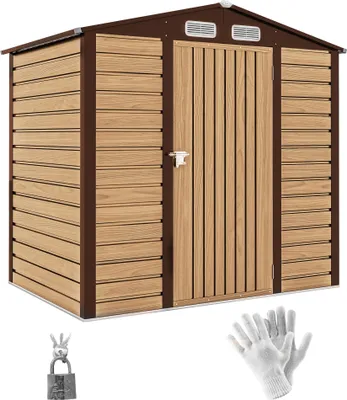 Image de Outsunny Abri de jardin en métal 2,27 m², facile à monter, structure en acier galvanisé améliorée, abri à outils extérieur, toiture 2 pans avec aérations, gants et cadenas inclus, 190x131x188cm, chêne