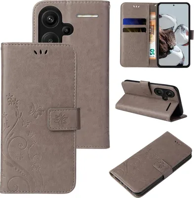 Produktbild von Handyhülle für Xiaomi Redmi Note 13 Pro+ 5G Floral Blumen Schmetterling Flip Cover Hülle Case Klapphülle Handytasche Farbe: Grau