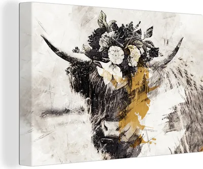 Produktbild von OneMillionCanvasses® - Leinwandbilder - 150x100 cm, Schottisches Hochlandrind - Gold - Weiß - Farbe, Wandbilder Wohnzimmer Hochland Rind - Tier Wanddekoration - Hochland Rind - Kuh - Gemälde auf Holzrahmen
