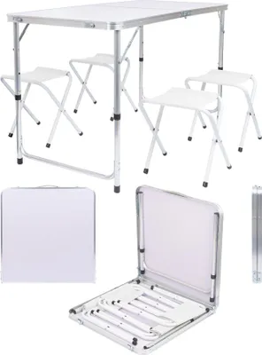 Produktbild von Harbour Housewares 5-teiliges höhenverstellbares, zusammenklappbares Picknicktisch- und Stuhl-Set, Weiß