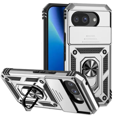 Obrázek produktu pro Pouzdro pro Google Pixel 10A dvouvrstvé pouzdro s posuvným krytem kamery a prstencovým stojánkem Stříbro