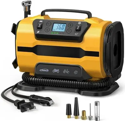 Produktbild von Auto Reifenkompressor - Tragbarer Luftkompressor - 150 PSI - Doppelzylinder - EU-Stecker - Adapter für Auto, Fahrrad, Matratze, Boot - Schwarz