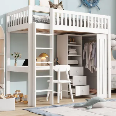 Image de Lit mezzanine 90 x 200 cm avec bureau et armoire Lit d'enfant en bois Structure de lit de haute qualité Lit pour adolescent avec espace de rangement Escalier Blanc Sans matelas