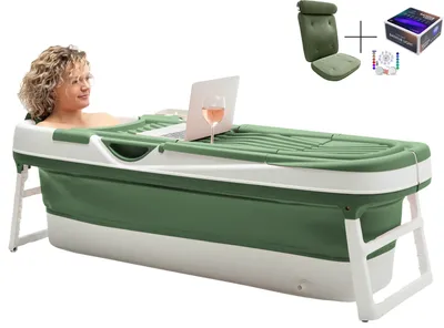 Produktbild von HelloBath® Faltbare Badewanne für Erwachsene XXL, 157x60x48cm – Mit Badekissen, Aufbewahrungshülle, Badelampe und Massagerollen – Mobile wanne - Grün