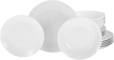 Immagine prodotto di Set di stoviglie da 18 pezzi - Set di piatti in porcellana - Per apparecchiare la tavola - Adatto al lavaggio in lavastoviglie e all'uso nel microonde - Per 6 persone - Bianco