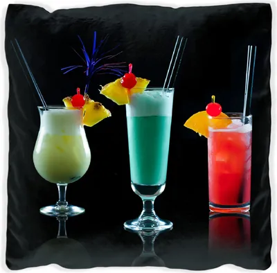 Produktbild von Wallario Premium Kissen, weiche Oberfläche, mit Motiv Bunte Cocktails vor schwarzem Hintergrund, Größe: 40 x 40 cm, mit weißer Rückseite