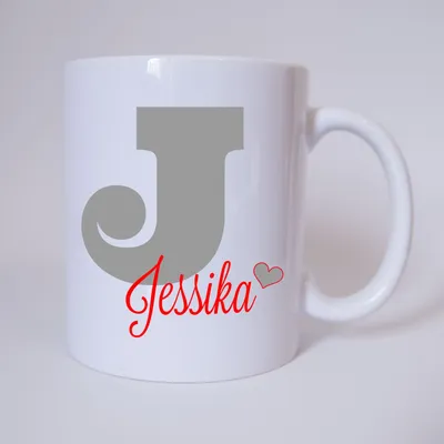 Produktbild von Namenstasse Buchstabe J, individueller Name (Grau/Rot) / Tasse / Kaffeetasse / Kaffeebecher