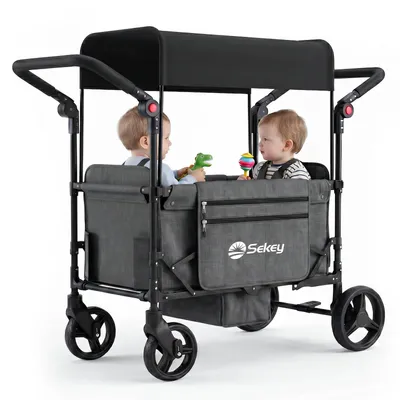 Zdjęcie produktu dla Składany wózek dziecięcy Sekey Bollerwagen z daszkiem, przeznaczony dla 1-2 dzieci, z dużymi kołami (24/20 cm), z możliwością ustawienia siedziska lub leżyska, wyposażony w 5-punktowy system pasów bezpieczeństwa, kolor: czarny