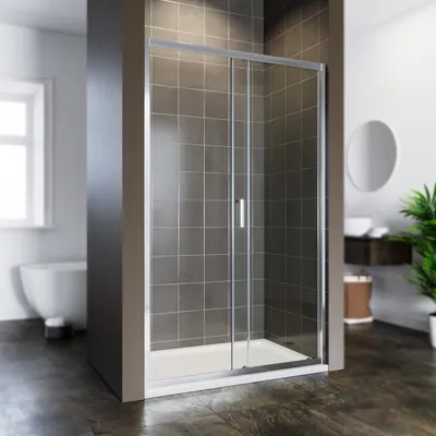 A modern bathroom with a shower enclosure, bathtub, and sink.