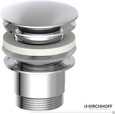 A chrome-plated sink drain assembly with a pop-up stopper and sealing rings, shown against a white background. The brand logo is visible in the bottom right corner.