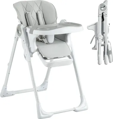 Image de Chaise haute pour enfant - Chaise haute pliable - Convertible 2 en 1 - Réglable en hauteur et inclinable - Avec plateau et coussin d'assise - Gris