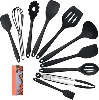 Produktbild von Famanu Küchenutensilien Set 10-teilig - Schwarz, hitzebeständig und spülmaschinenfest