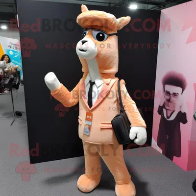 Produktbild von Pfirsich-Lama REDBROKOLY Maskottchen kostüm gekleidet mit Blazer und Messenger-Taschen
